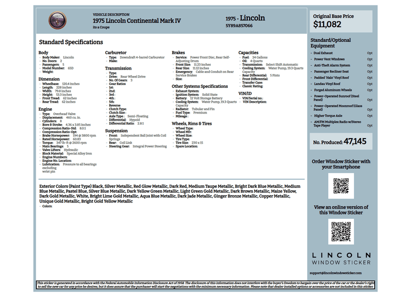 Build Sheet for Classic Lincoln Vehicles