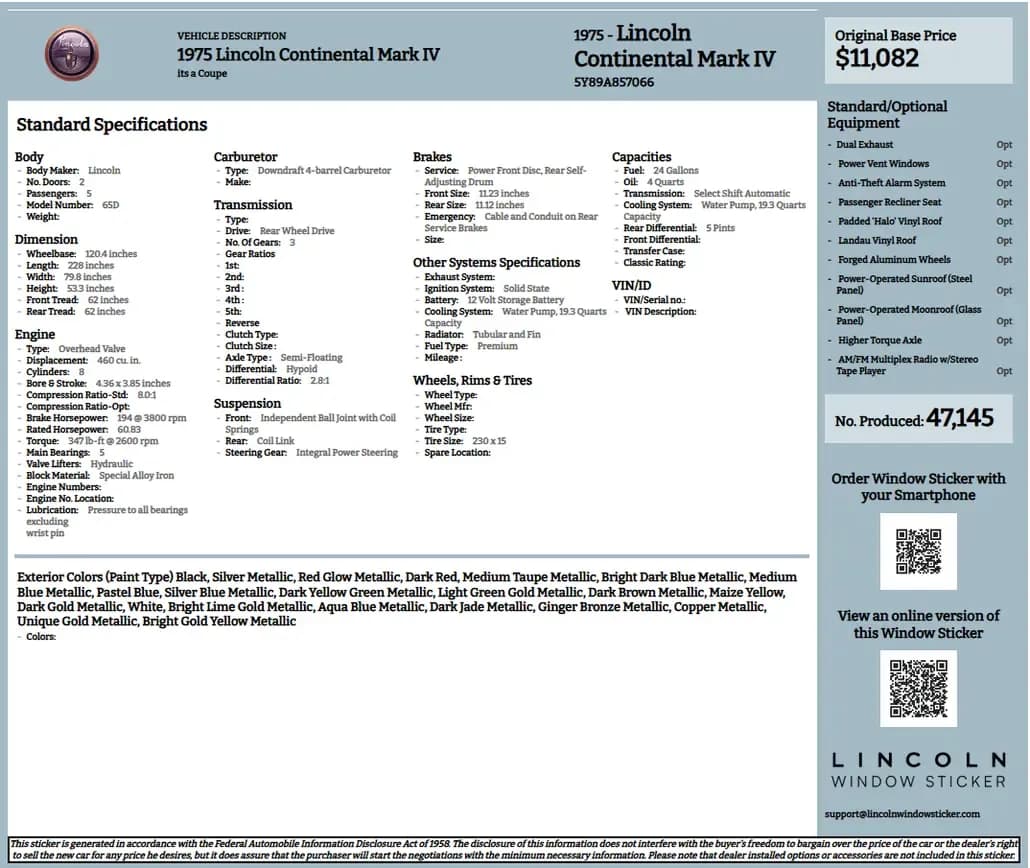 Lincoln Continental Mark IV build sheet